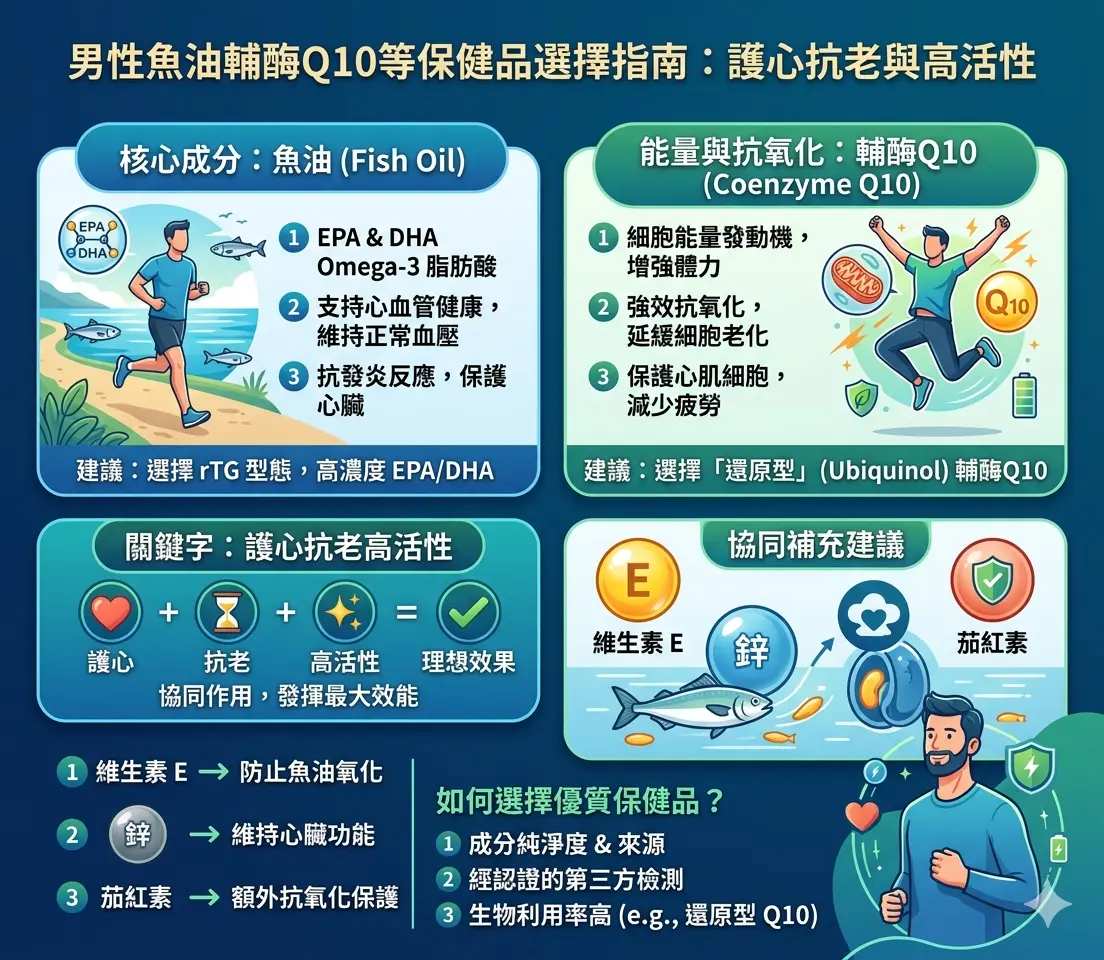 男性魚油輔酶Q10等保健品選擇以達到護心抗老高活性效果