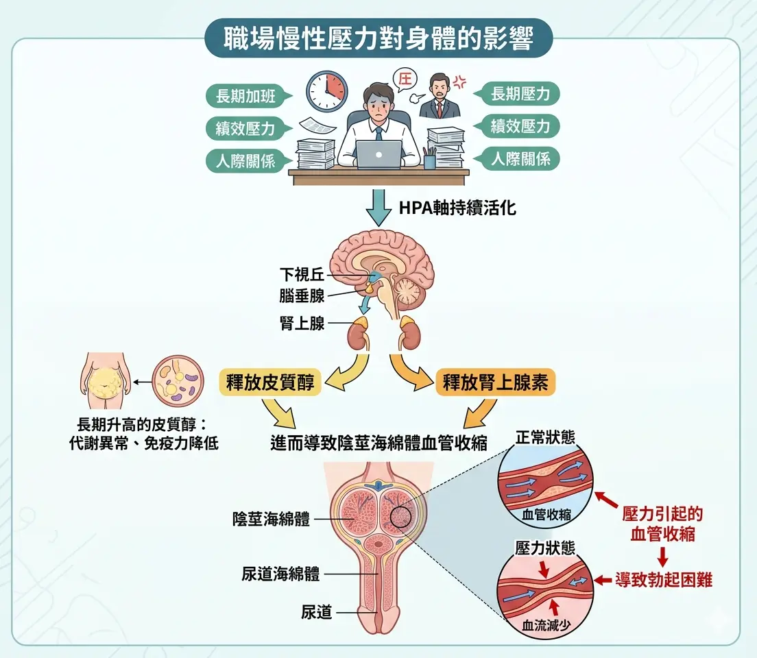 圖解職場慢性壓力釋放皮質醇與腎上腺素導致陰莖海綿體血管收縮