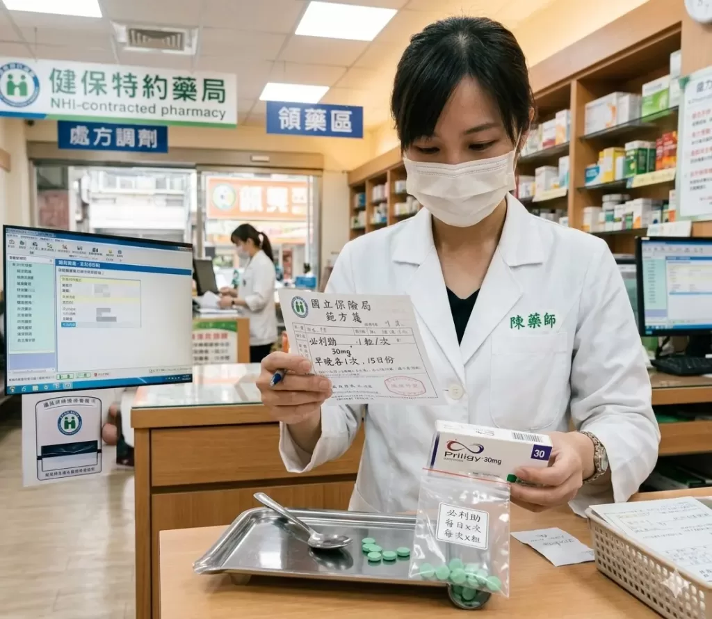 藥師在實體健保特約藥局親自核對處方箋並調劑必利勁