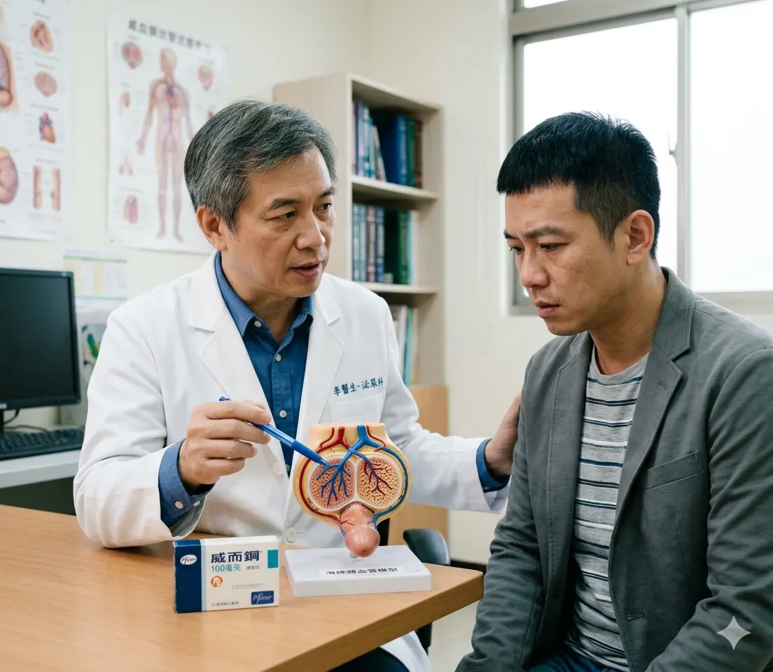 泌尿科醫生向患者展示人體海綿體血管模型並解釋威而鋼對自然勃起能力的影響