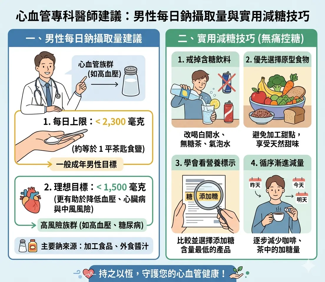 心血管專科醫師建議男性每日鈉攝取量與減糖技巧