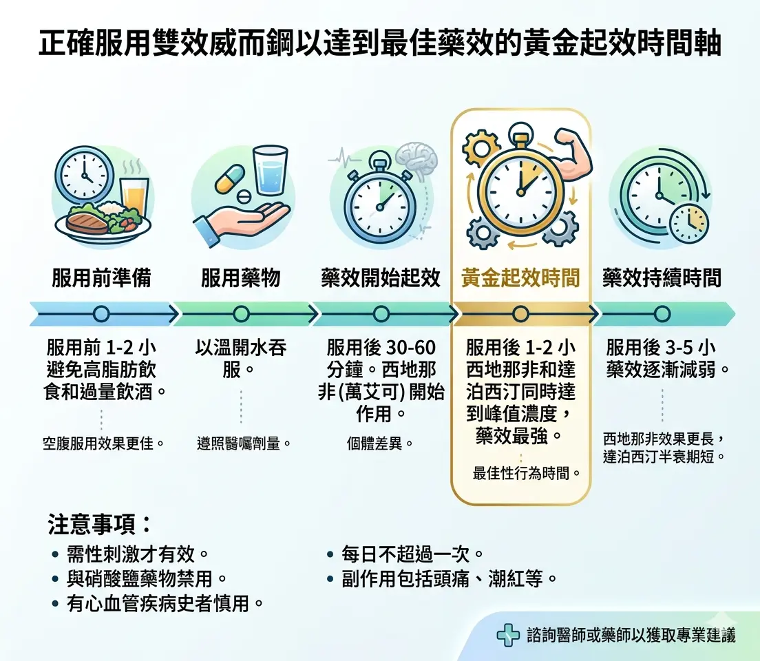 正確服用雙效威而鋼以達到最佳藥效的黃金起效時間軸