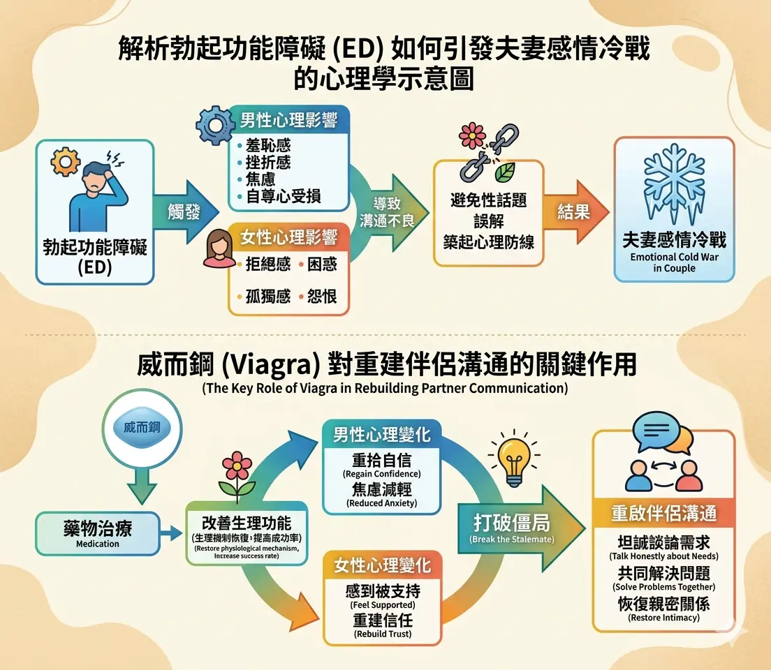 探討威而鋼對伴侶溝通的重要性並解析勃起功能障礙如何引發夫妻感情冷戰的心理學示意圖