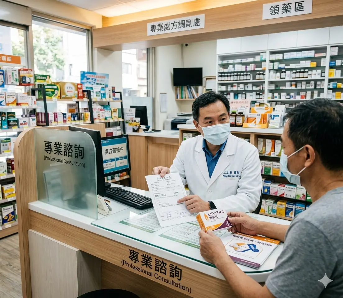 藥師在實體藥局審查醫師開立的樂威壯處方籤並進行專業衛教