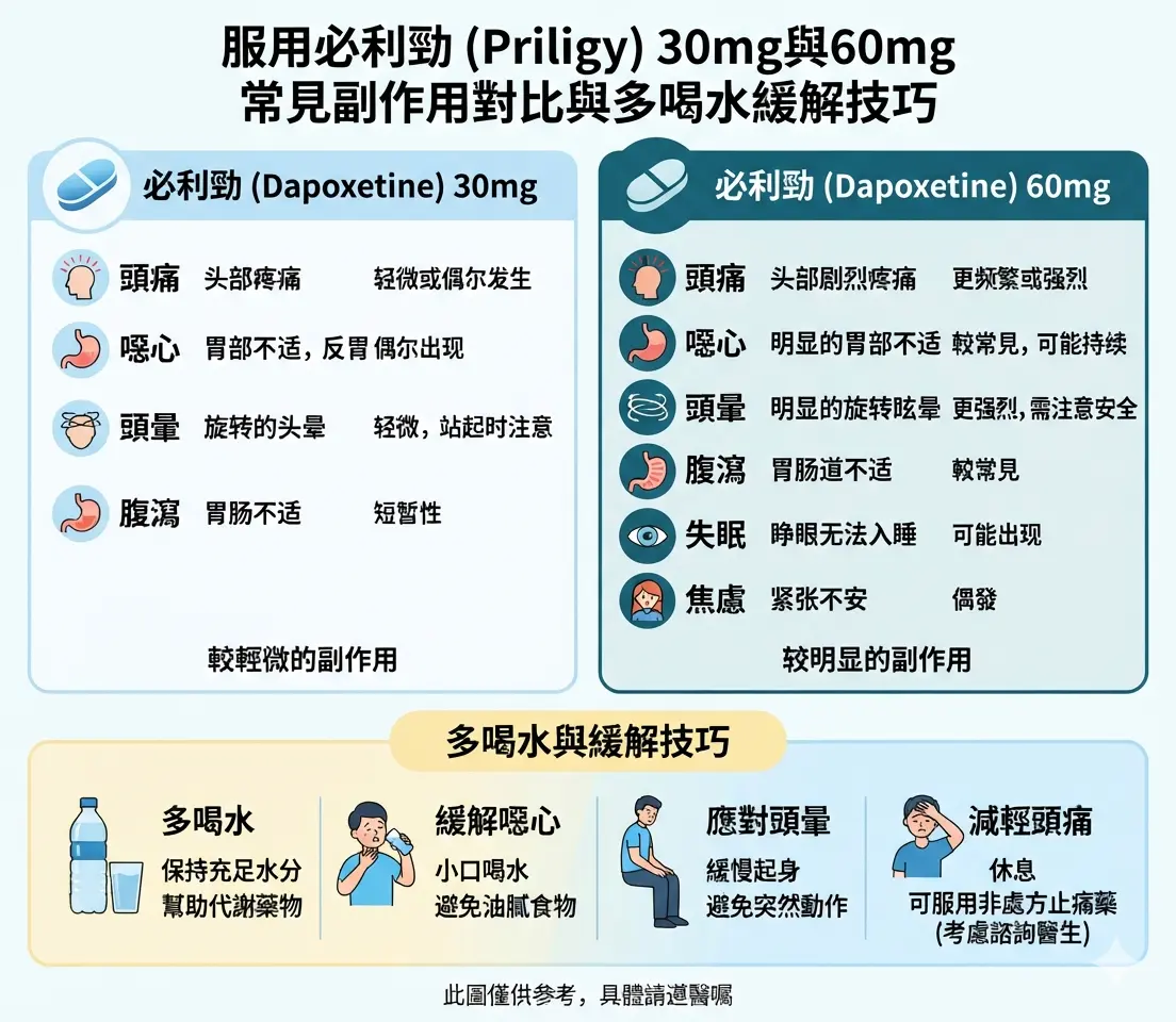 服用必利勁30mg與60mg常見副作用對比與多喝水緩解技巧