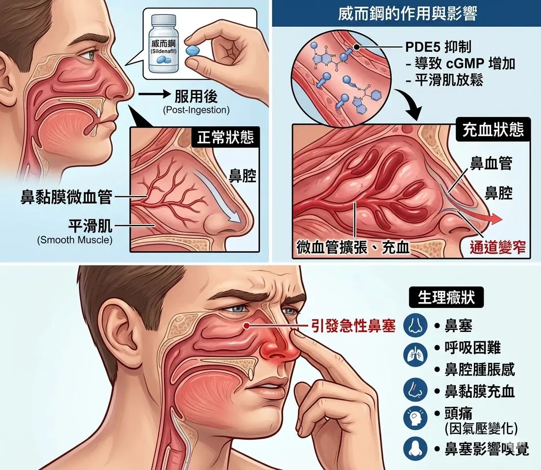 男性服用威而鋼藍色小藥丸後因鼻黏膜微血管充血引發急性鼻塞的生理癥狀示意