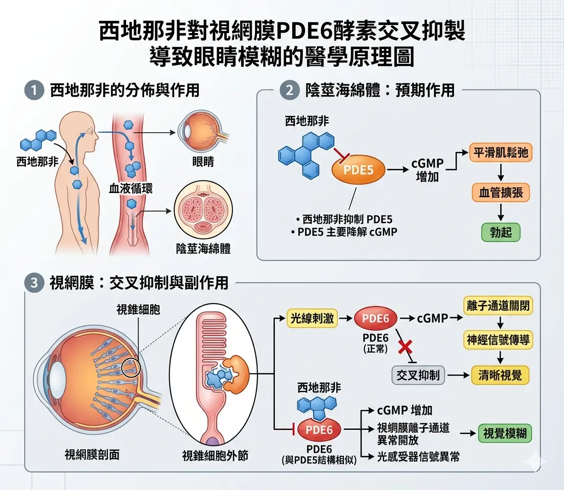 西地那非成分對眼睛視網膜PDE6酵素交叉抑製導致眼睛模糊的醫學原理圖