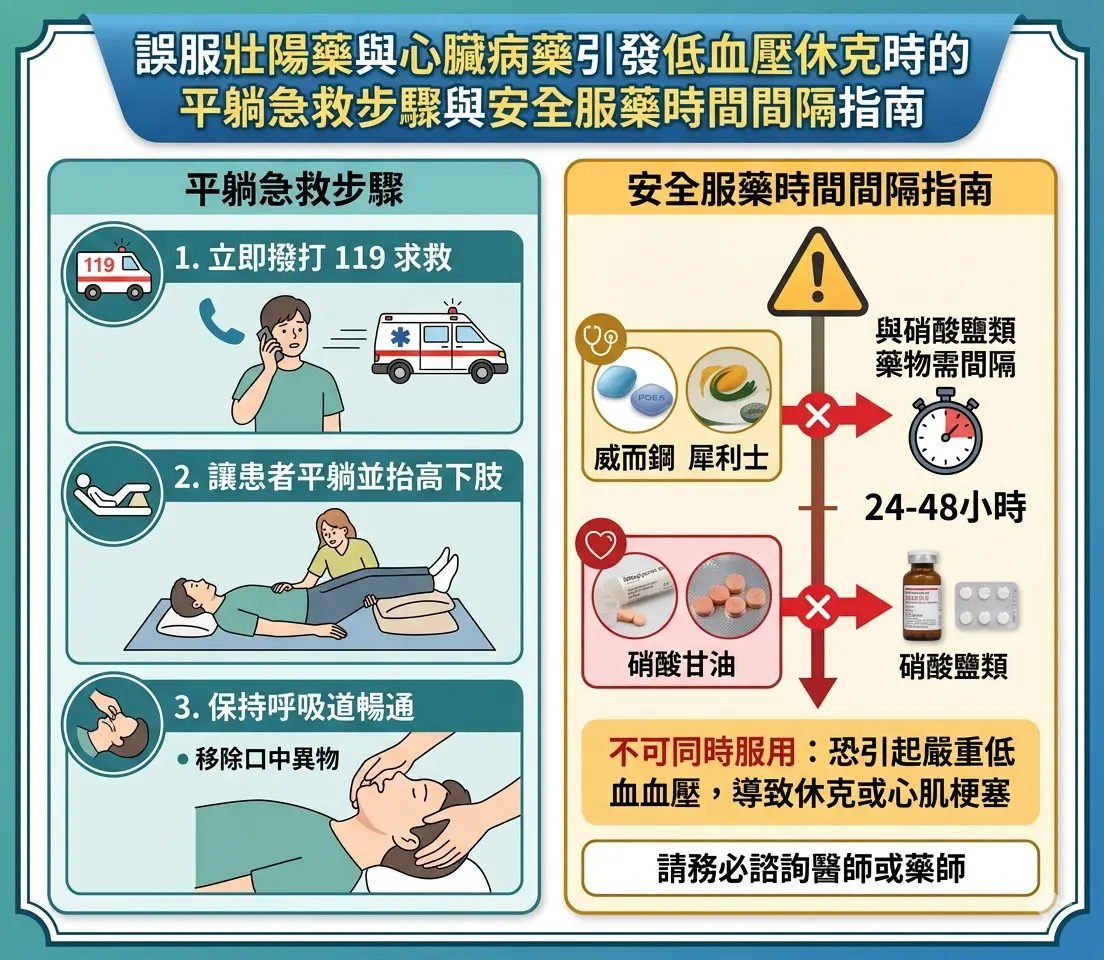 誤服壯陽藥與心臟病藥引發低血壓休克時的平躺急救步驟與安全服藥時間間隔指南