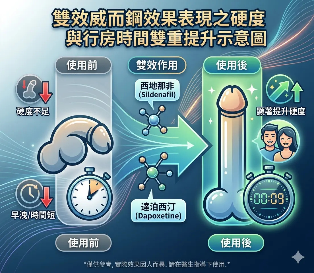 雙效威而鋼效果表現之硬度與行房時間雙重提升示意圖