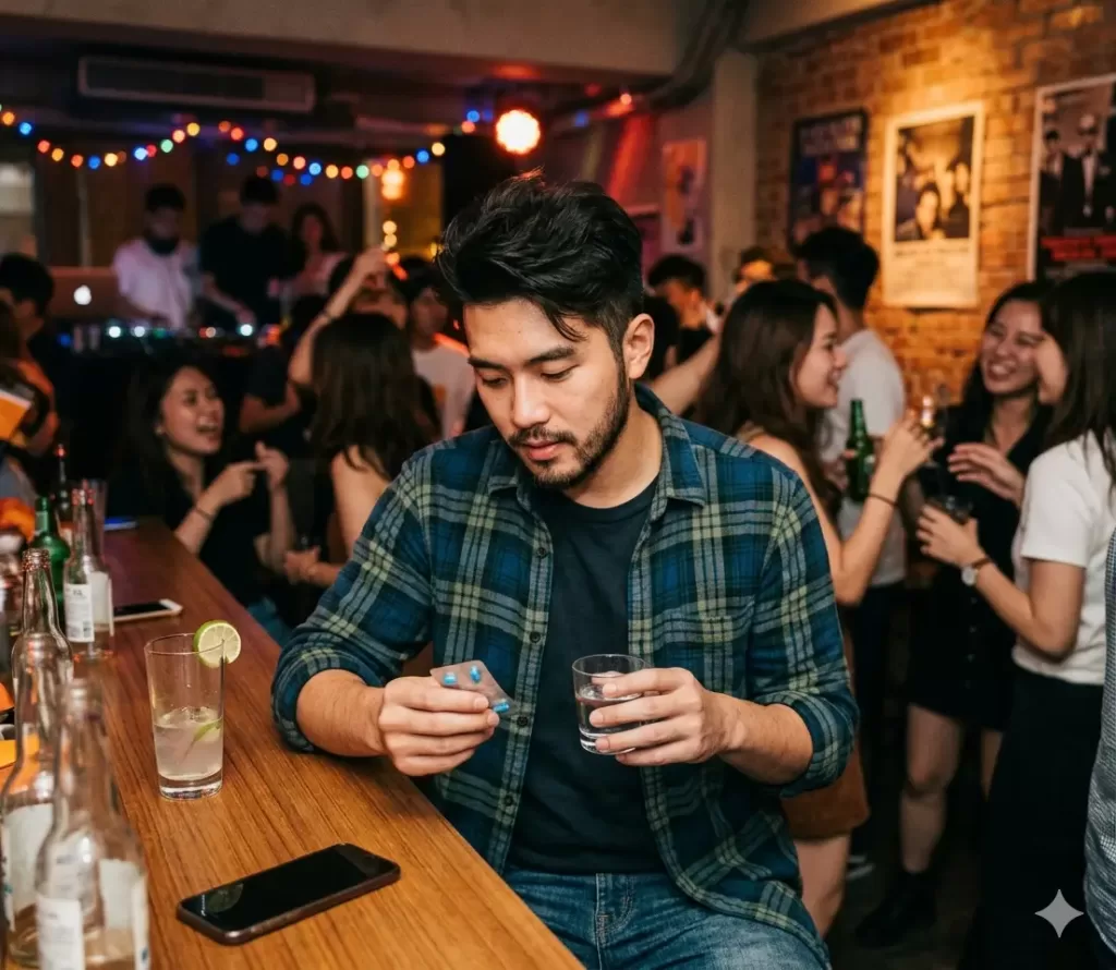 年輕男子在派對或夜店環境中因同儕壓力盲目嘗試威而鋼等壯陽藥物示意圖