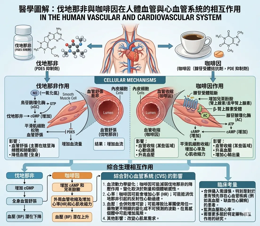 醫學圖解伐地那非與咖啡因在人體血管與心血管系統的相互作用