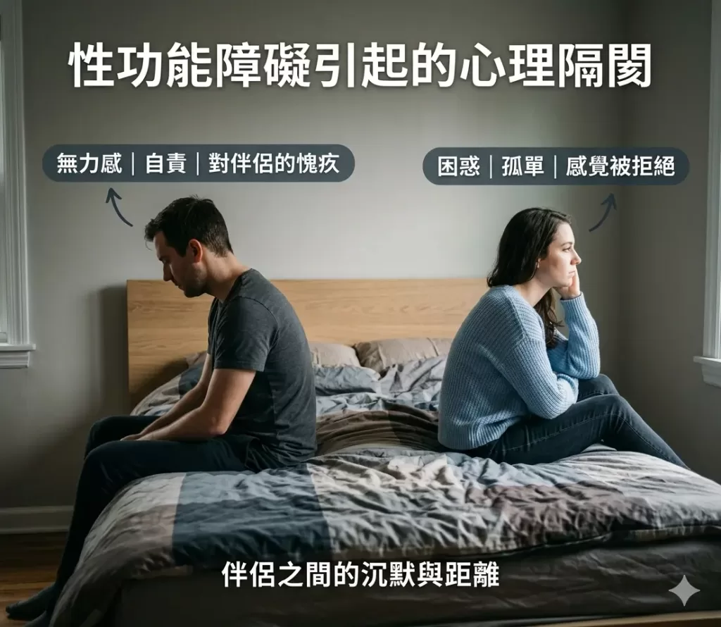 伴侶坐在床頭背對背面臨性功能障礙引發的兩性心理隔閡示意圖