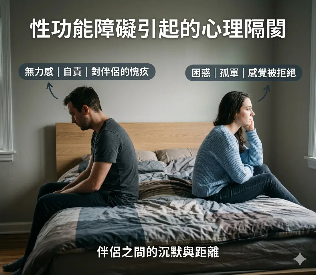 伴侶坐在床頭背對背面臨性功能障礙引發的兩性心理隔閡示意圖