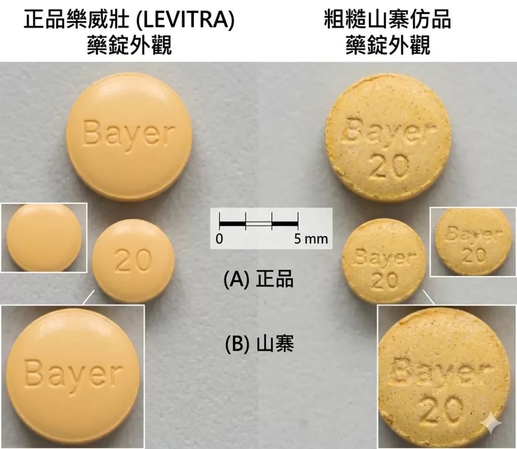 正品樂威壯淺橘黃色藥錠與粗糙山寨仿品的外觀顏色細節比對