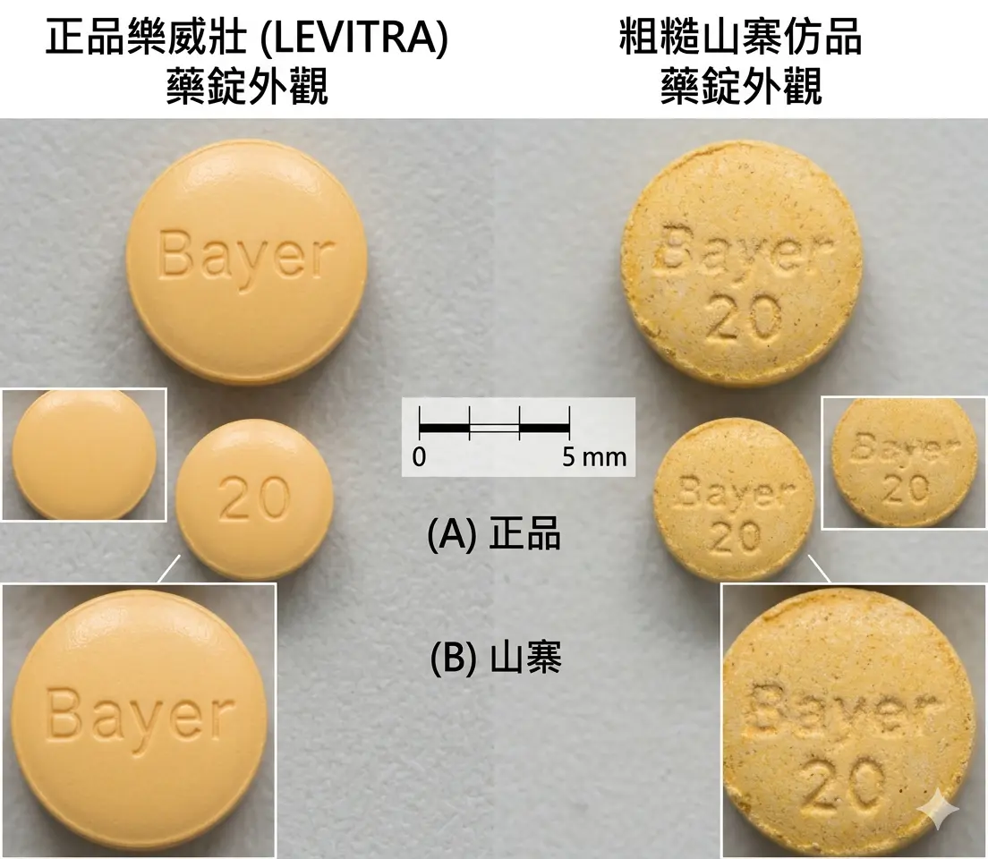 正品樂威壯淺橘黃色藥錠與粗糙山寨仿品的外觀顏色細節比對