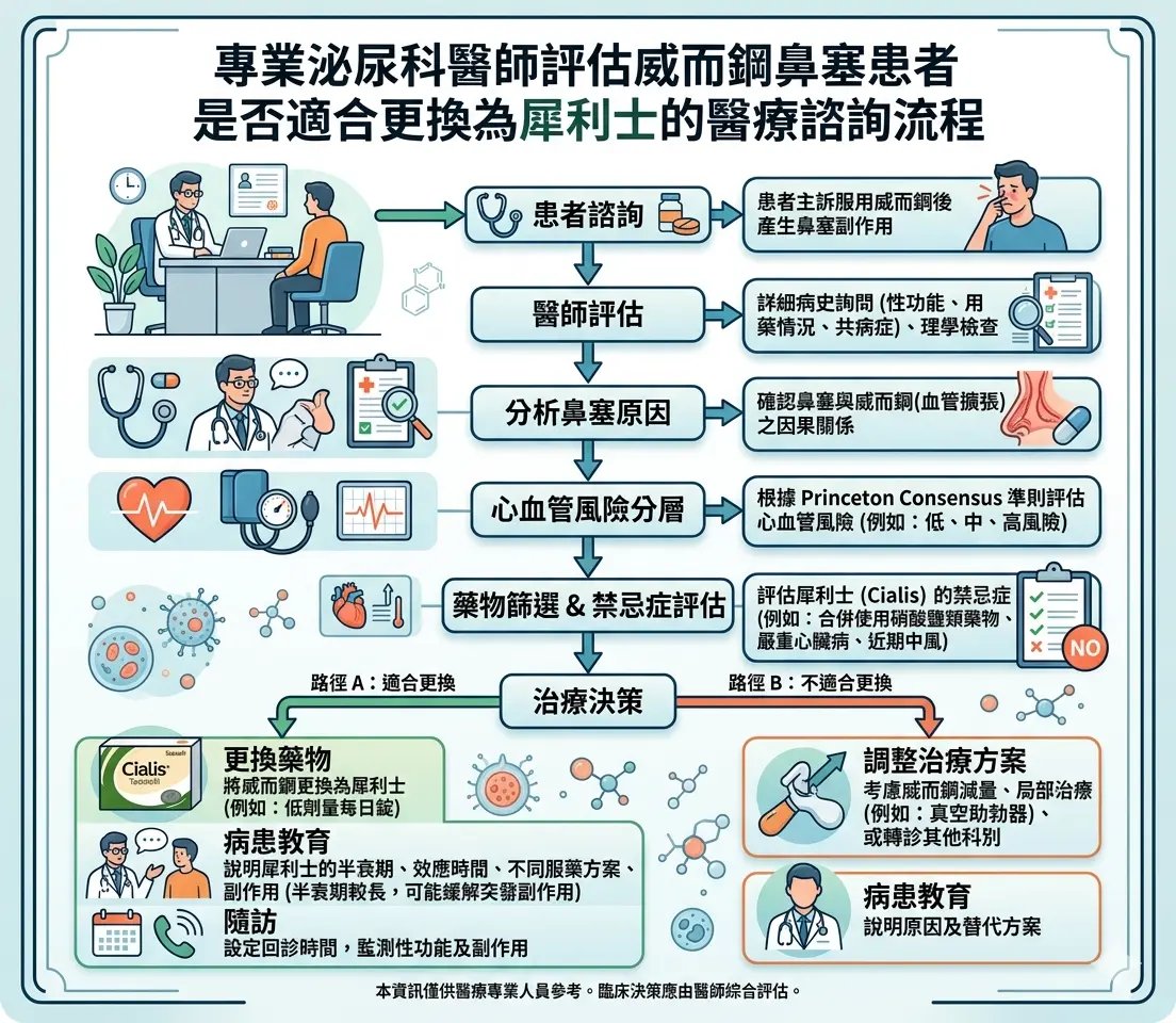 專業泌尿科醫師評估威而鋼鼻塞患者是否適合更換為犀利士的醫療諮詢流程
