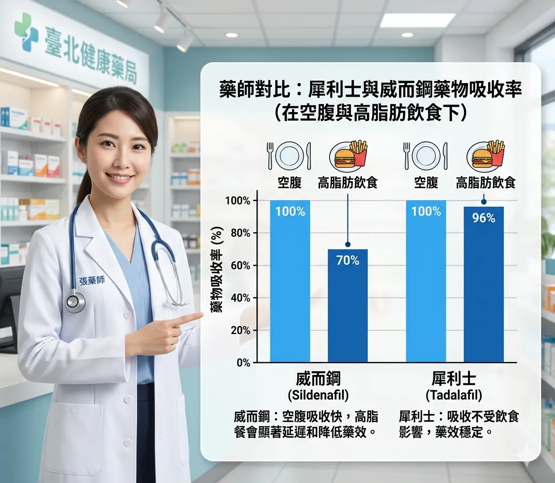 藥師對比犀利士與威而鋼在空腹與高脂肪飲食下的藥物吸收率圖表