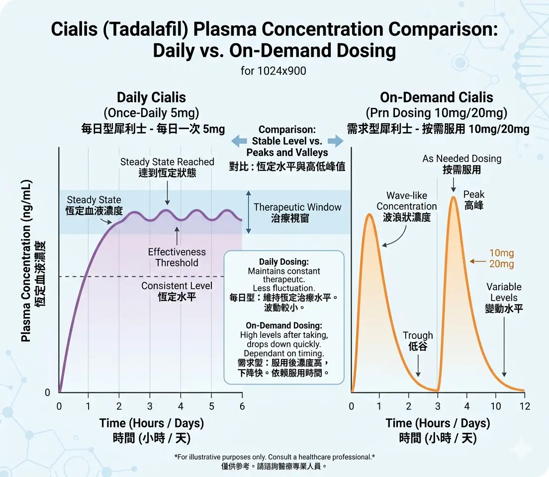 醫學圖解每日型犀利士恆定血液濃度與需求型犀利士波浪狀濃度的代謝曲線對比圖
