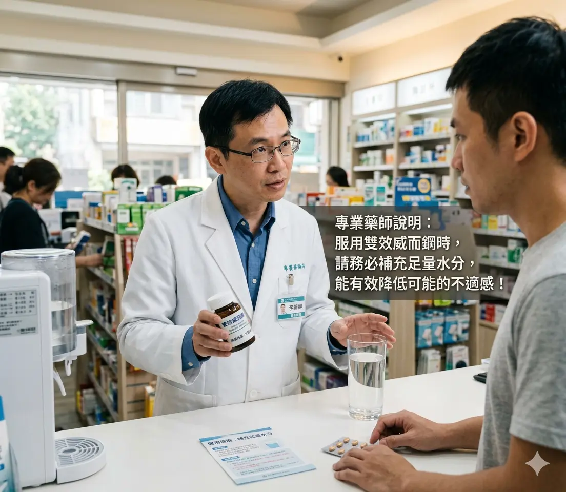 專業藥師說明服用雙效威而鋼時補充足量水分降低不適感