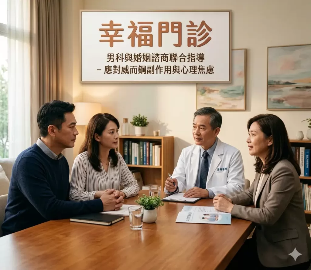 專業男科醫師與婚姻諮商師聯合指導伴侶如何正確應對威而鋼副作用與心理焦慮的幸福門診