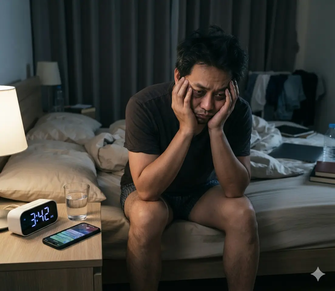 男性因長期睡眠不足與熬夜導致精神疲憊與勃起功能障礙示意圖