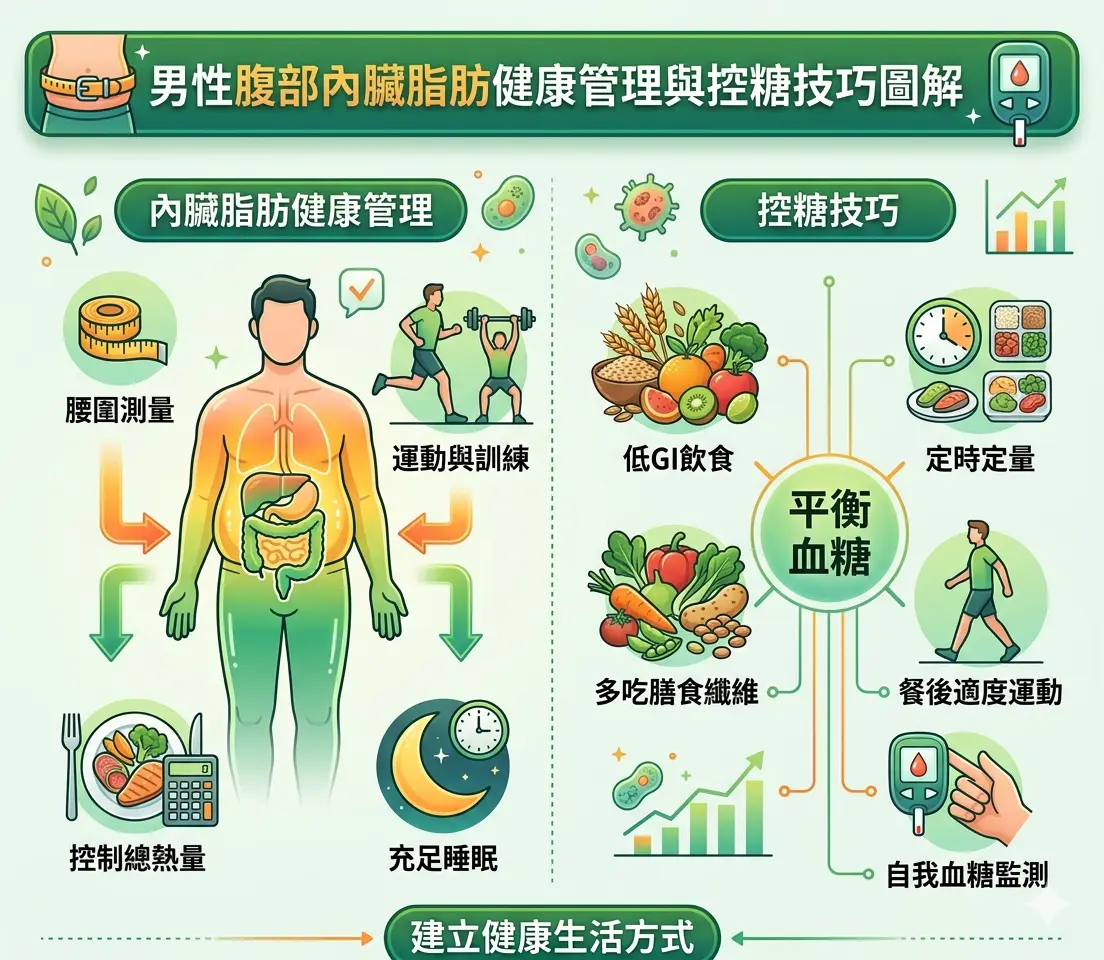 男性腹部內臟脂肪健康管理與控糖技巧圖解