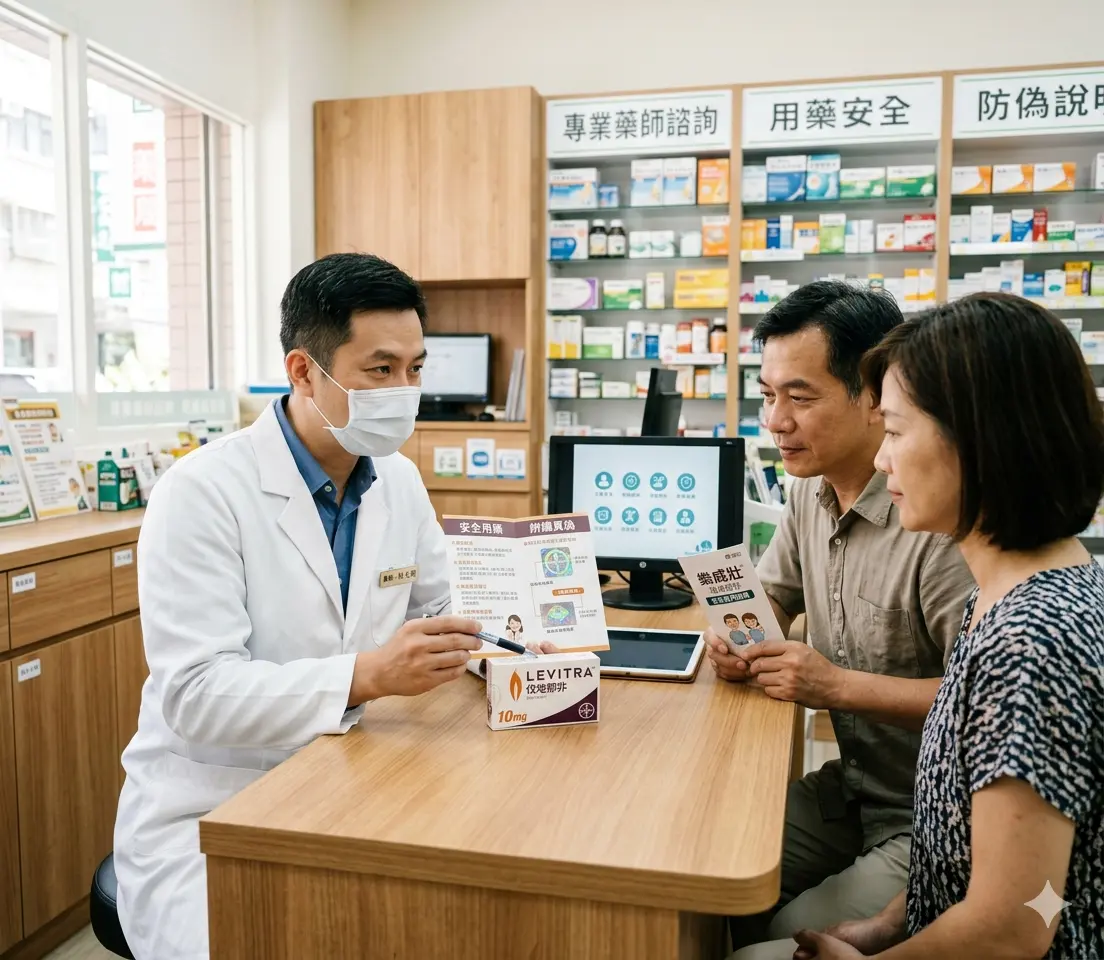 藥師說明樂威壯伐地那非與伴侶行房時的用藥安全性與防偽包裝