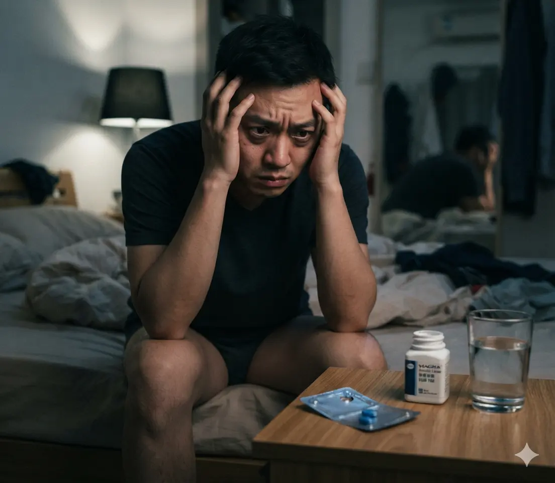 現代男性面臨性功能表現焦慮引發威而鋼Viagra心理依賴與心因性ED示意圖