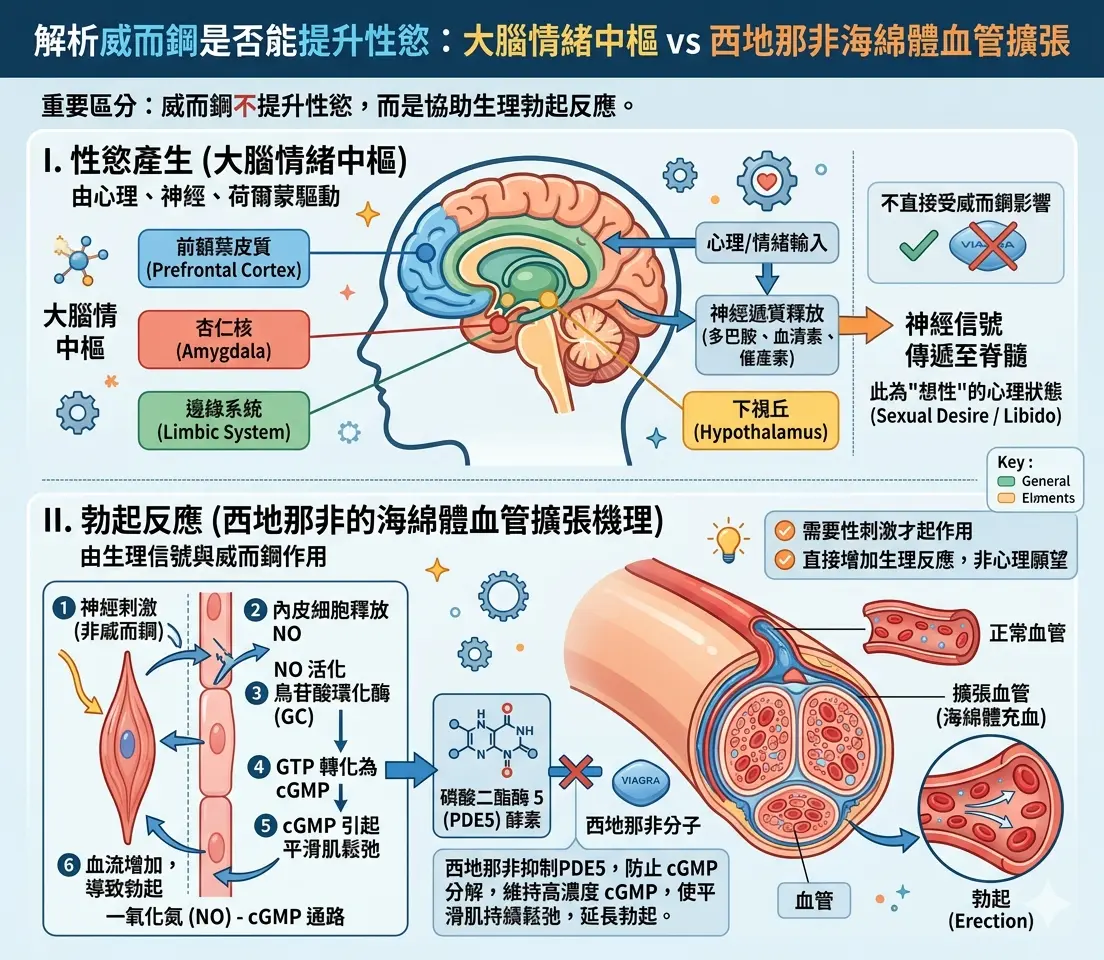 解析威而鋼是否能提升性慾並對比大腦情緒中樞與西地那非海綿體血管擴張的醫學原理圖