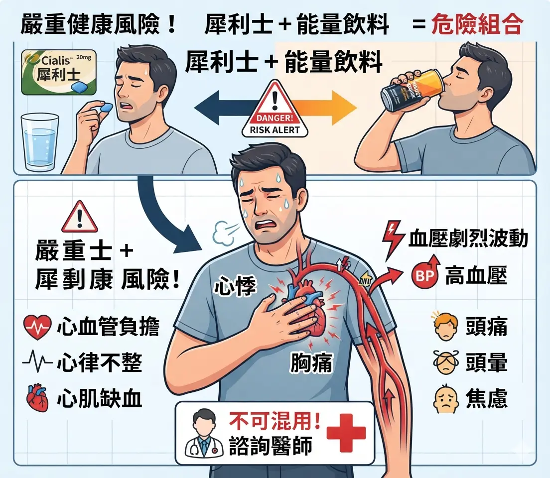 犀利士與能量飲料混用引發心悸與血壓劇烈波動的健康風險示意圖