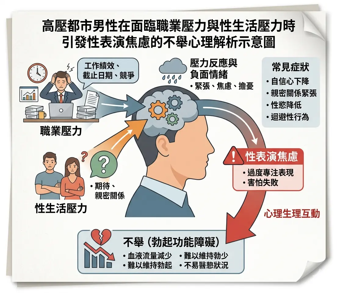 高壓都市男性在面臨職業壓力與性生活壓力時引發性表演焦慮的不舉心理解析示意圖