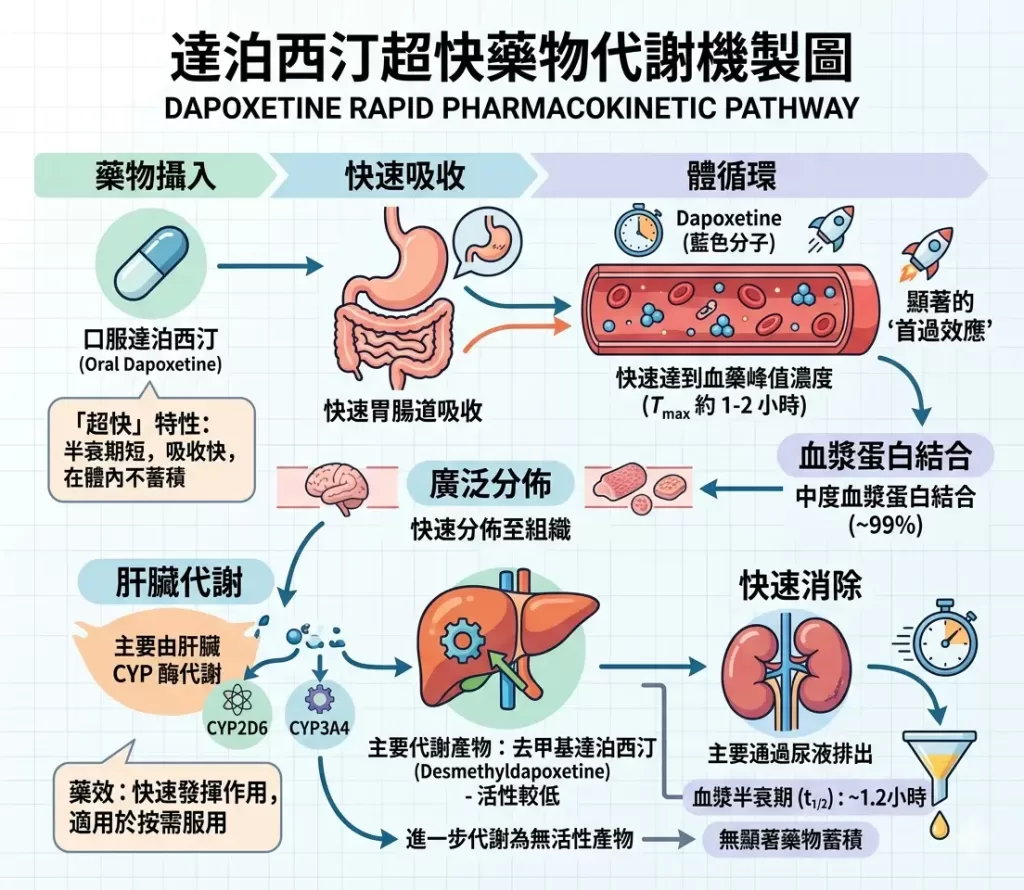 必利勁能否長期服用：達泊西汀超快藥物代謝機製圖