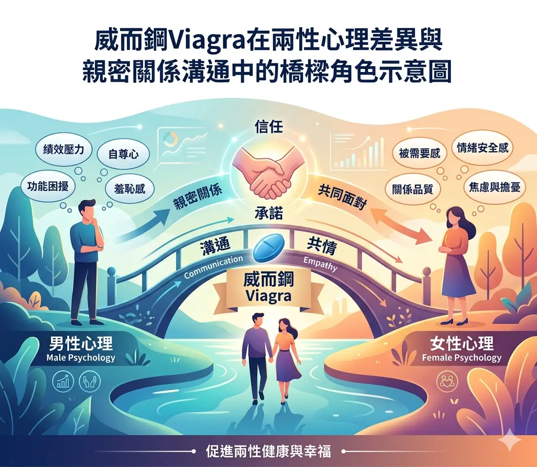 威而鋼Viagra在兩性心理差異與親密關係溝通中的橋樑角色示意圖