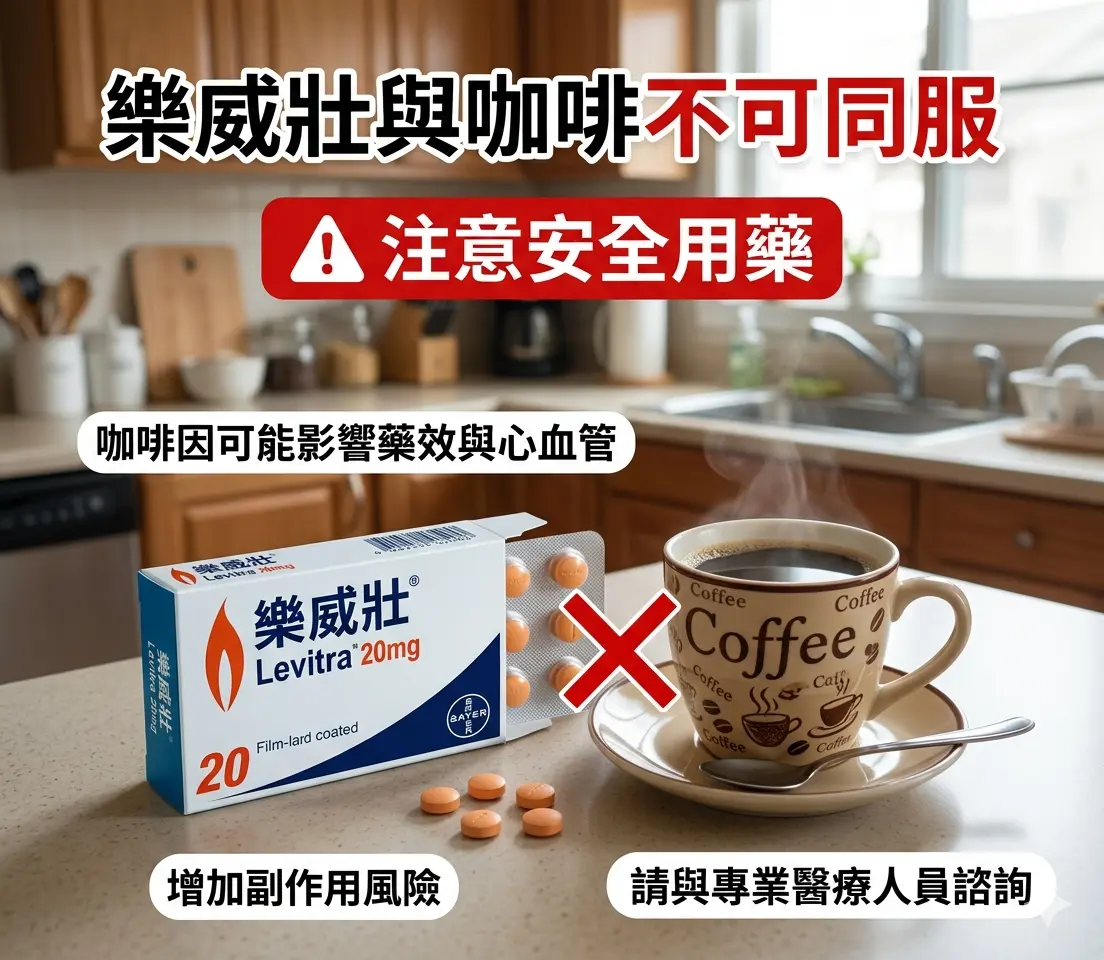 樂威壯Levitra藥片與咖啡杯放置在一起的用藥安全示意圖
