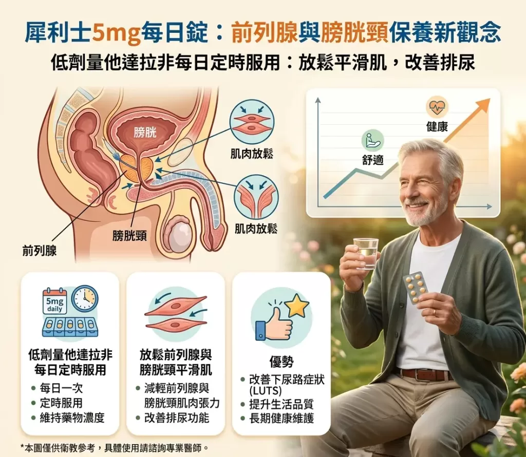 犀利士5mg每日錠前列腺保養-低劑量他達拉非每日定時服用放鬆前列腺與膀胱頸平滑肌優勢