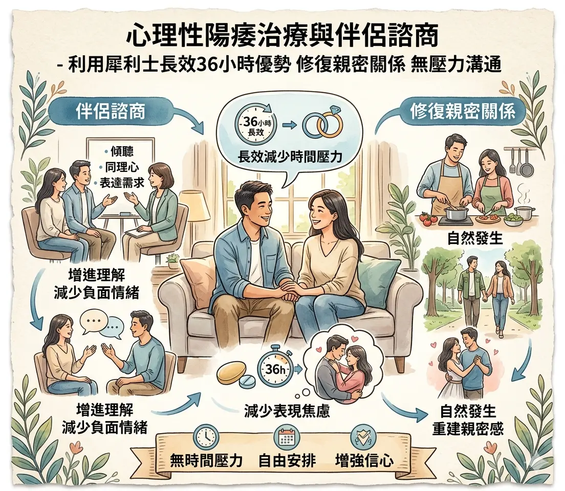 心理性陽痿治療與伴侶諮商-利用犀利士長效36小時優勢修復親密關係無壓力溝通
