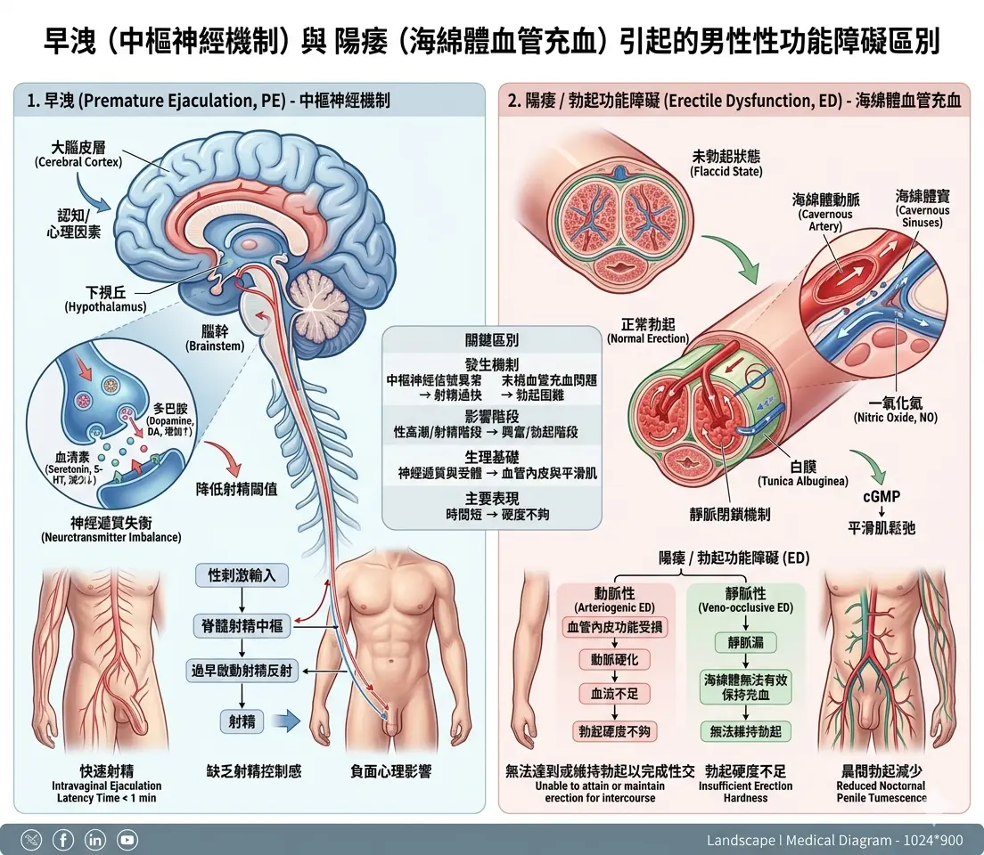 早洩中樞神經機製與陽痿海綿體血管充血引起的男性性功能障礙區別圖