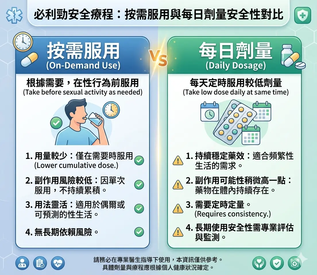 必利勁安全療程：按需服用與每日劑量安全性對比