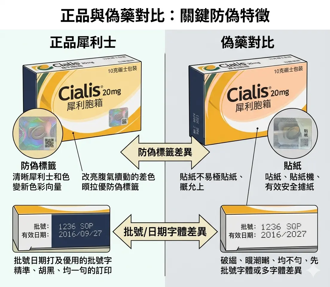 正品犀利士包裝與偽藥外盒對比，說明防偽標籤與批號字體差異