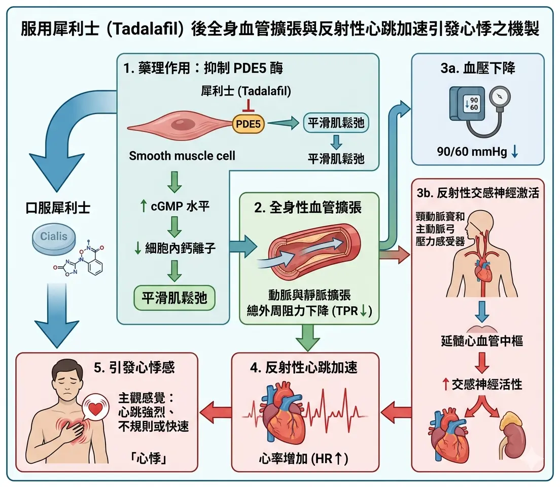 服用犀利士後全身血管擴張與反射性心跳加速引發心悸之機製