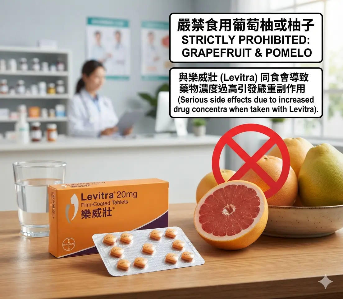 服用樂威壯Levitra期間嚴禁食用葡萄柚或柚子以防藥物濃度過高引發副作用