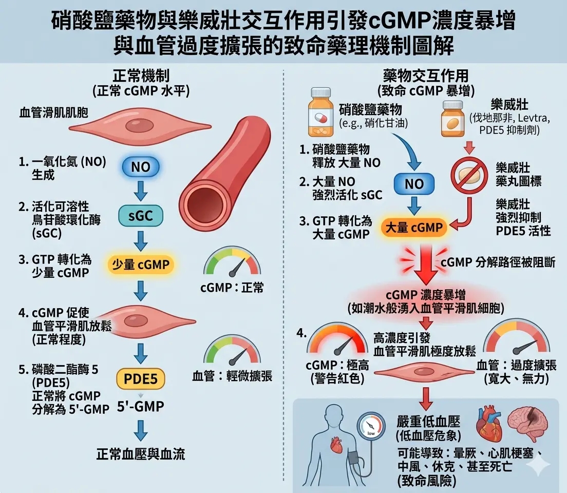 硝酸鹽藥物與樂威壯交互作用引發cGMP濃度暴增與血管過度擴張的致命藥理機制圖解