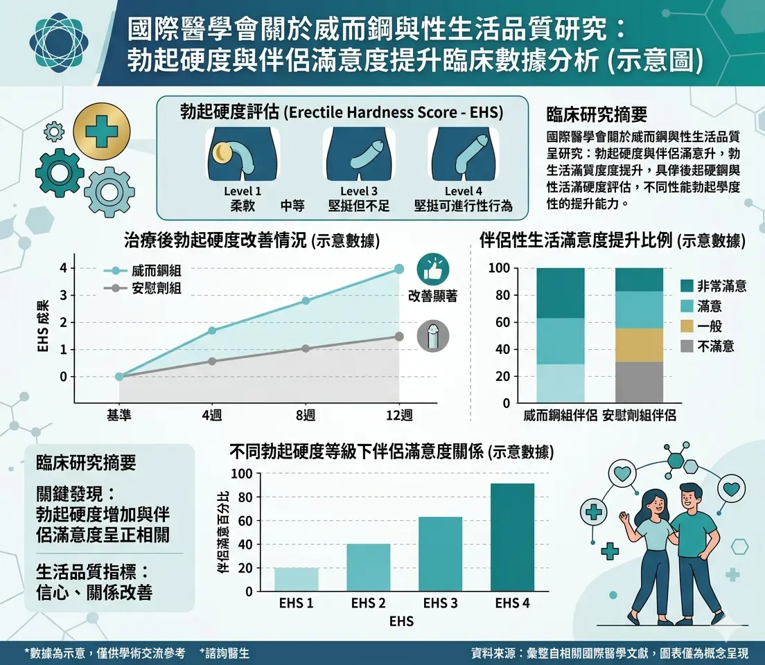 國際醫學會關於威而鋼與性生活品質研究中勃起硬度與伴侶滿意度提升的臨床數據分析圖