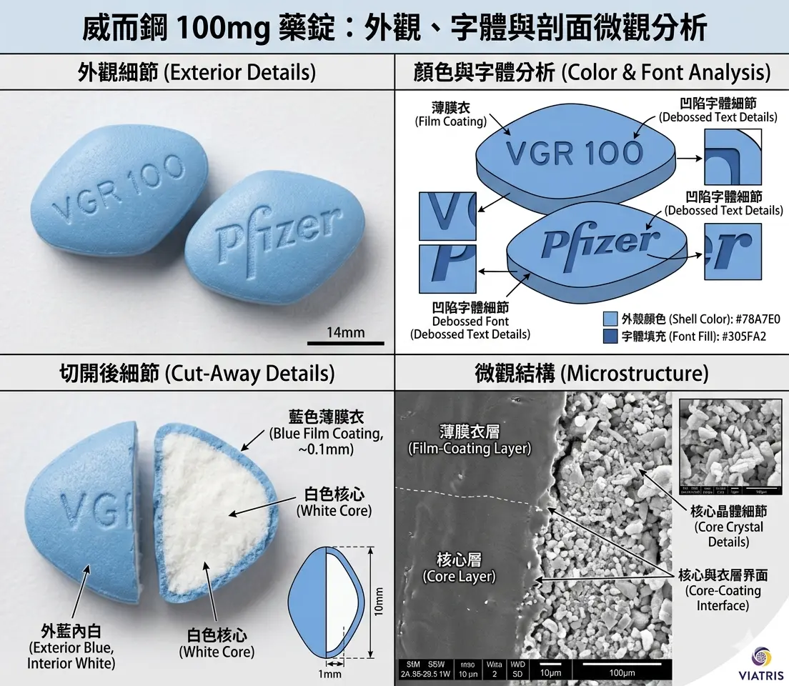 如何辨別真假威而鋼藥錠顏色字體與切開後外藍內白微觀細節