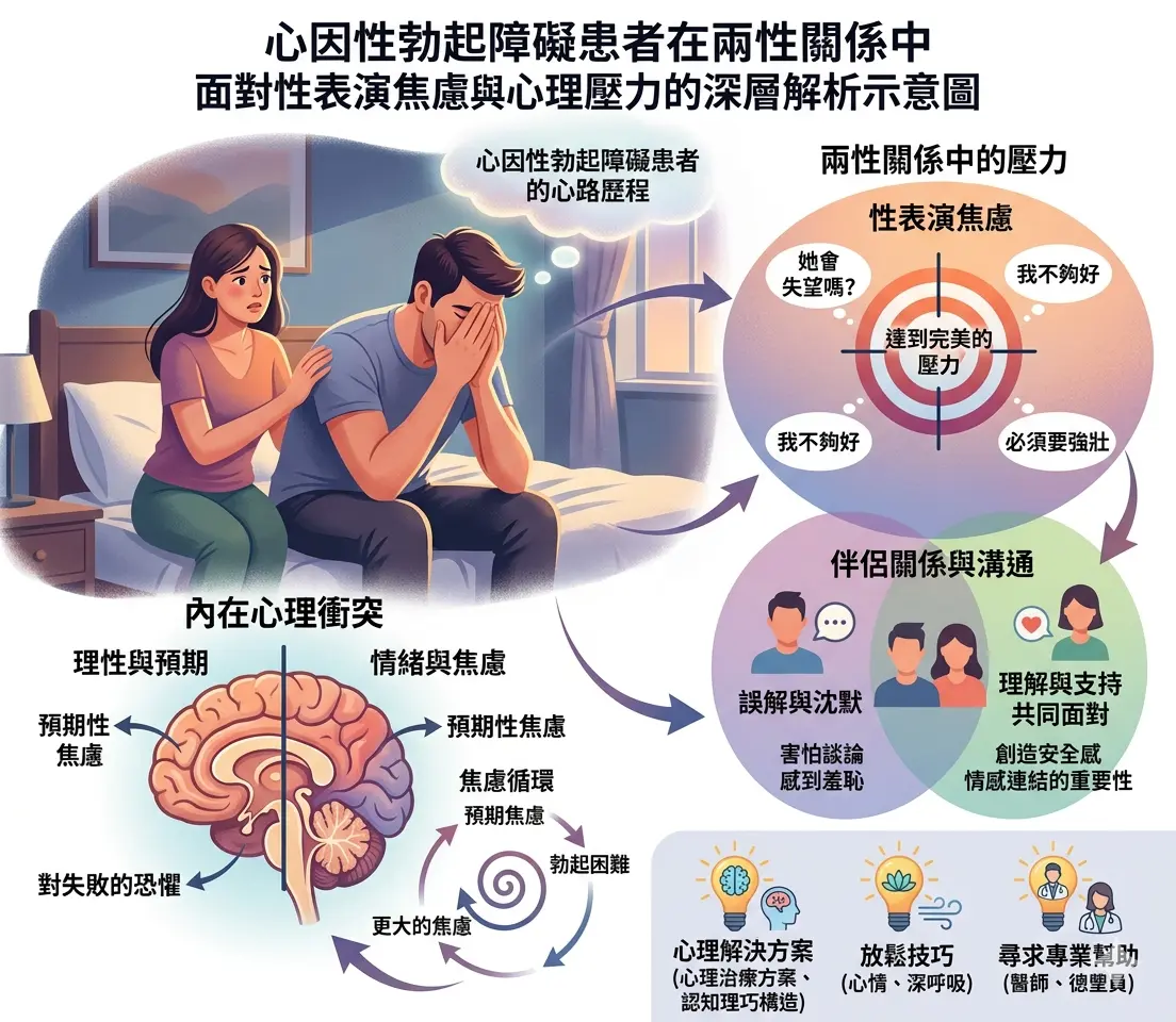 心因性勃起障礙患者在兩性關係中面對性表演焦慮與心理壓力的深層解析示意圖
