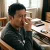 男性在服用威而鋼後因血管擴張副作用感到鼻塞呼吸不順並用手揉鼻翼示意圖