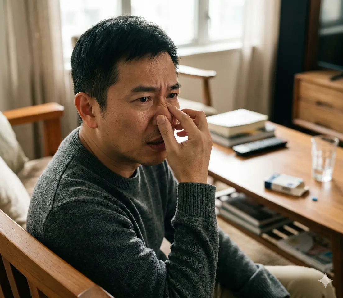 男性在服用威而鋼後因血管擴張副作用感到鼻塞呼吸不順並用手揉鼻翼示意圖