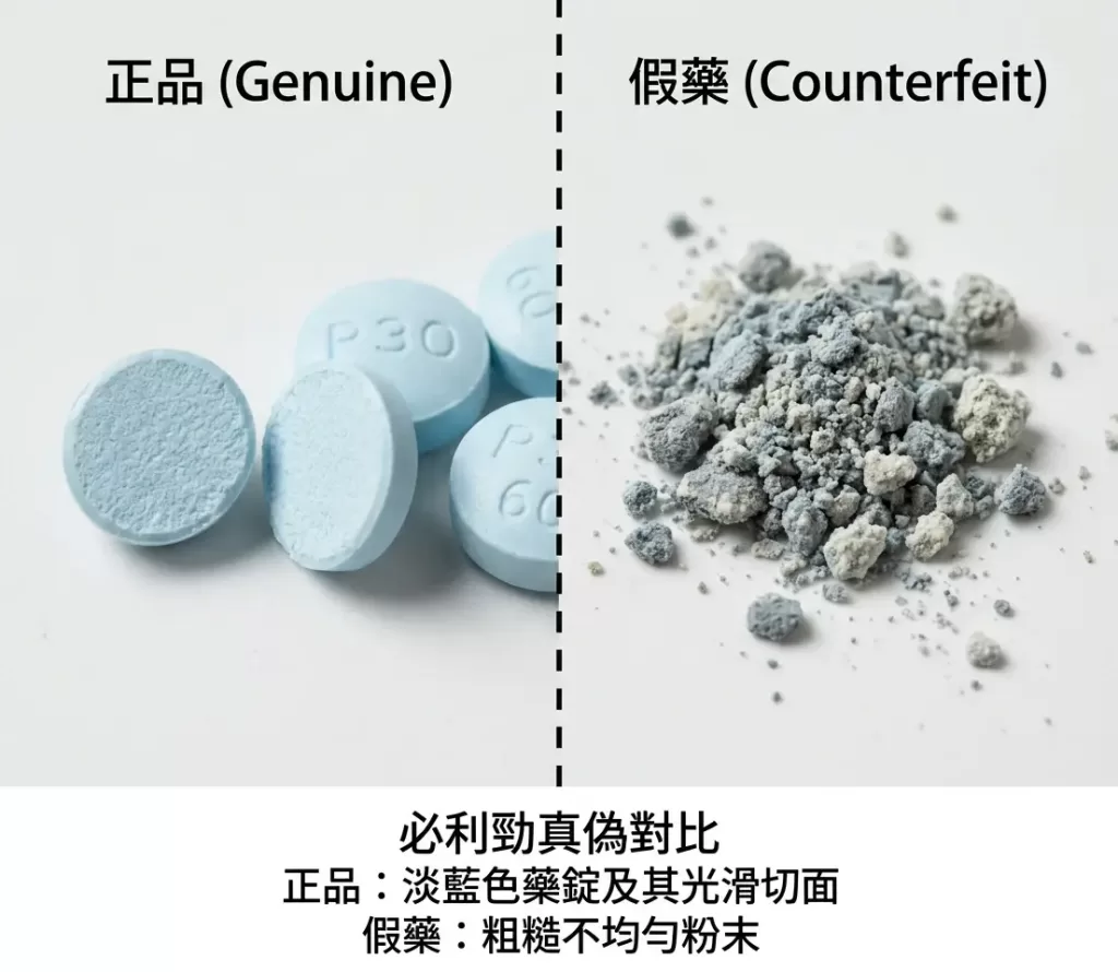 必利勁真偽對比圖：正品淡藍色藥錠切面與假藥粗糙粉末對比