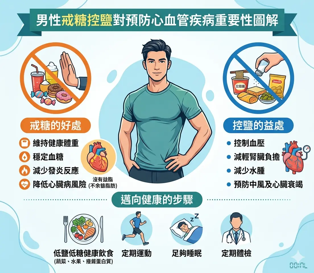 男性戒糖控鹽對預防心血管疾病重要性圖解