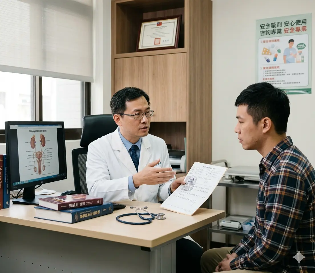 泌尿科醫師向男性患者解釋私自自行購買樂威壯的醫學風